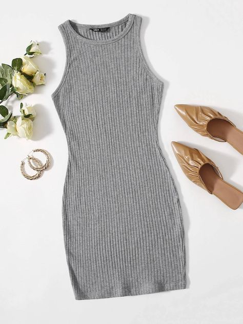 Teenage Dresses Casual Simple, Grey Bodycon Dress Outfit, Grey Dress Casual, Grey Bodycon Dress, Navy Blue Dress Casual, Teenage Dress, Ribbed Knit Bodycon Dress, Body Con Dress Outfit, Gray Casual Dress