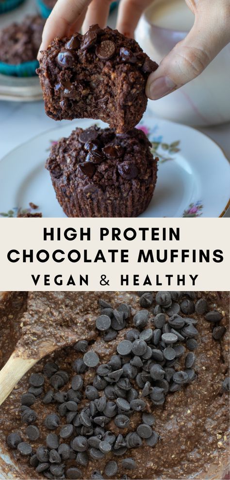 These vegan chocolate protein muffins are perfect for meal prep. Each muffin is refined sugar free, gluten free, and has 8 grams of protein. Protein Chocolate Muffins, Vegan Protein Muffins, Protein Powder Muffins, Chocolate Protein Muffins, High Protein Muffins, Healthy Peanut Butter Cups, Protein Chocolate, Vegan Muffins, Protein Muffins