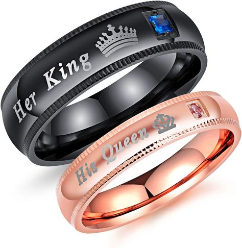 Amazon.com: Iflytree 2pcs His and Her Matching Promise Rings for Couples Bridal Sets Balck Rose Gold Stainless Steel His Queen Her King Wedding Engagement Anniversary Band for Him and Her,Gift Box Package : Clothing, Shoes & Jewelry Crown Promise Ring, Her King His Queen, Matching Promise Rings, Ring For Boyfriend, Her King, Queen Rings, Set Couple, His Queen, Mens Valentines Gifts