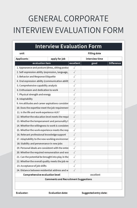 General corporate interview evaluation form Interview Evaluation Form, Evaluation Form, Education Level, Form Template, Spreadsheet Template, Fashion Portfolio, Excel Templates, Google Sheets, Microsoft Excel