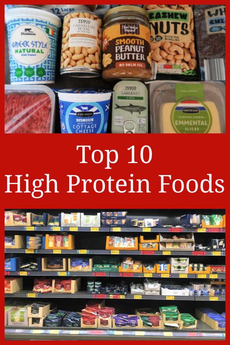 Top 10 High Protein Foods – The best high-protein rich food items to include more of in your diet everyday – with a video of some of the highest protein foods. High Protein Real Food, High Protein Products, High Protein Pantry Staples, High Protein Grocery List, Highest Protein Foods, Top Protein Foods, Chemo Food, Low Carb Shopping List, High Protein Diet Plan