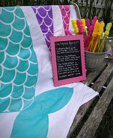 A sack race with mermaid tails and cat ears for a purrmaid themed party! Mermaid Sack Race, Purrmaid Party, Sack Race, Starting Line, Bubble Wands, Mermaid Tails, Racing Games, Mermaid Tail, The Balloon