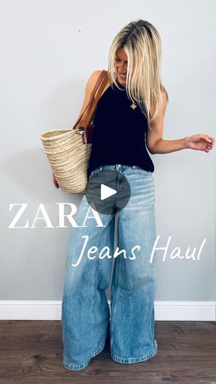 Zara Wide Leg Jeans Outfit, Zara Jeans Outfit, Zara Haul, Jeans Girl, Tan Leather Bag, Mid Waist Jeans, Denim Jacket Outfit, Tan Heels, Basket Bag