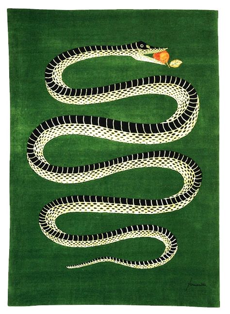 This Garden of Eden-themed serpent rug by Fornasetti belongs in a bedroom.    The Wall Street Journal explores "The Cult of F Piero Fornasetti, Soyut Sanat Tabloları, Artisan Rugs, Design Studios, A Snake, Modern Carpet, 4x6 Rugs, Green Area Rugs, Large Area Rugs