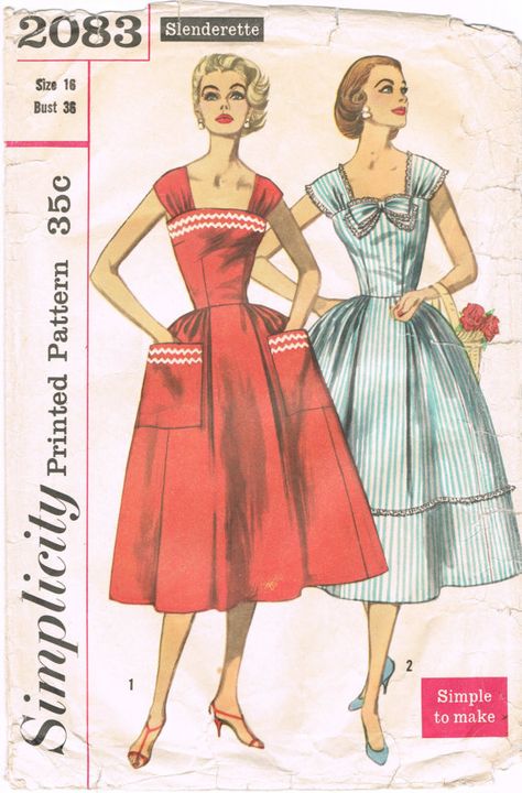 Simplicity 2083 - Vintage 1950s Sewing Pattern - Slenderette - Misses And Womens One-Piece Dress    Size 16 - Bust 36    Cut    Envelope is in okay Simplicity Patterns Dresses, Simplicity Patterns Vintage, Patron Vintage, Retro Sewing Patterns, Simplicity Dress, Rockabilly Outfits, Vintage Dress Patterns, Fashion 1950s, Full Skirt Dress