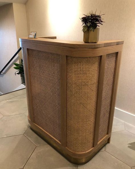 Coyote Custom Woodwork | White Oak & Bamboo Rattan Host Stand custom built with @jmillerart for @hotellagunabeachclub @hotellaguna #lagunabeach #hotellaguna… | Instagram Hostess Stand Design, Hostess Stand, Host Stand, Western Restaurant, Hotel Bar, Custom Woodworking, South Seas, Reception Desk, Stand Design