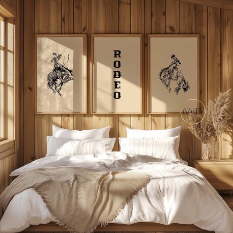 Transform your space with this stunning 3-piece Western poster set, capturing the rugged beauty of the wild frontier. Featuring iconic imagery of majestic horses and rustic cowboy gear, these prints bring the spirit of the Old West to life.  Perfect for adding a touch of adventure and timeless charm to your home, office, or cabin.  Available in multiple sizes, these high-quality posters are printed on premium matte poster paper to ensure lasting vibrancy.  Ideal for Western enthusiasts or anyone Modern Cowboy Bedroom, Western Spare Bedroom, Brown Western Bedroom, Retro Western Bedroom, Cowgirl Chic Bedroom, Western Modern Bedroom, Western Chic Home Decor, Cowboy Bedroom Boys, Vintage Western Bedroom