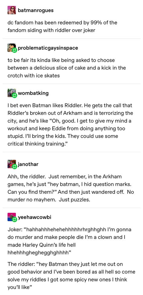 Riddler Headcanons, Justice League Tumblr, Riddler X Batman, Only In Gotham Tumblr Posts, The Riddler Comic, Dc Riddler, Riddler Cosplay, Justice League Funny, Dc Funny