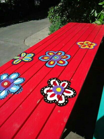 Red Wood Floors, Painted Picnic Table, Painted Picnic Tables, Picnic Table Makeover, Painted Benches, Whimsical Painted Furniture, Kids Picnic, Bedroom Cupboard, Bedroom Cupboard Designs