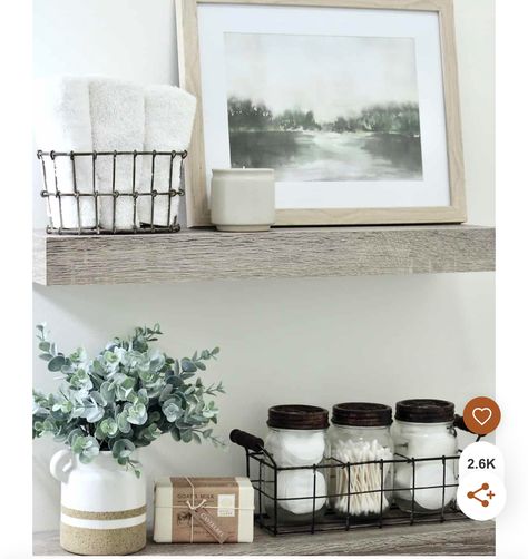 Farmhouse Powder Room Wall Decor, Over Toilet Shelves Farmhouse, Farmhouse Bathroom Floating Shelves, Staging Bathroom Shelves, Floating Bathroom Shelves Decor, Decorating Floating Shelves Bathroom, Bathroom Decorative Shelves, Shelving Ideas For Bathroom, What To Put On Bathroom Shelves