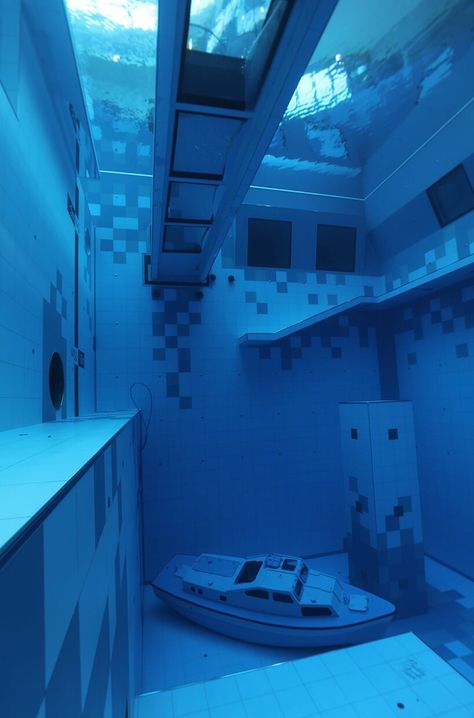 deepspot opens in poland, becoming the world's deepest diving pool Diving Pool, Dreamcore Aesthetic, Pool Features, Sci Fi Architecture, I Love Swimming, Underwater Caves, Deep Diving, Water Aesthetic, Liminal Space