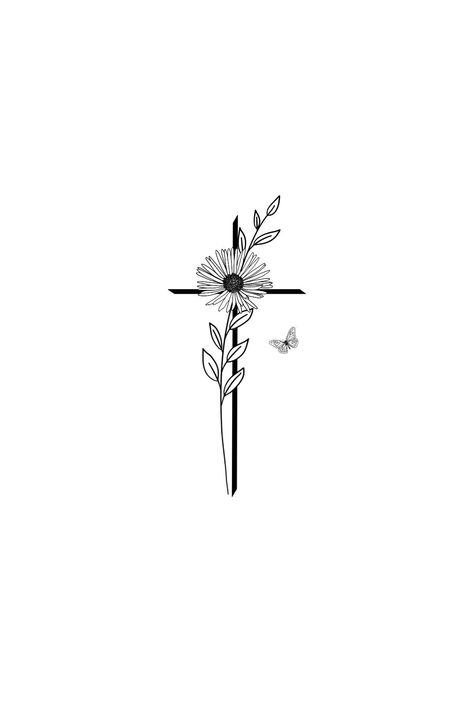 Tattoo With Writing And Flowers, Cute Symbolic Tattoos, Cross And Hummingbird Tattoo, Small Cross With Roses Tattoo, Cool Small Tattoos Women, Christian Sunflower Tattoo, Cross And Daisy Tattoo, Cross And Wildflower Tattoo, Sunflower Faith Tattoo