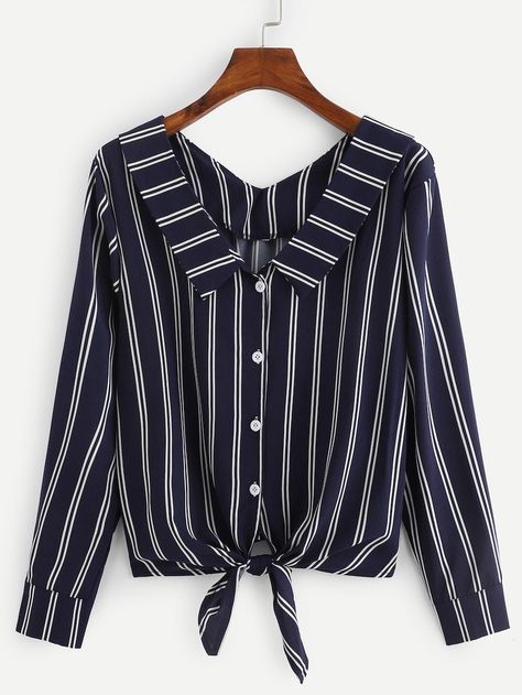 Striped Single Breasted Knot Hem Blouse -SheIn(Sheinside) Casual Striped Shirt, Áo Blu, Trendy Fashion Tops, Hem Blouse, Fancy Blouses, Fancy Blouse Designs, Stylish Dresses For Girls, Fashion Design Clothes, Girls Fashion Clothes