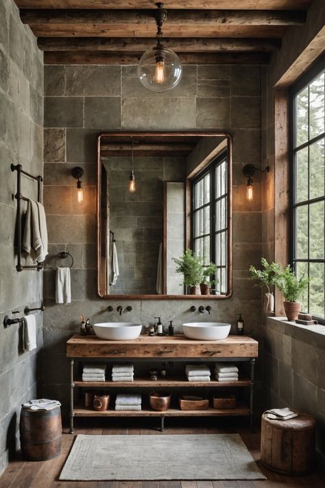 Modern Cabin Bathroom, Rustic Cabin Interior, Mountain House Interior, Modern Cabin Interior, Industrial Bathroom Design, Mountain Home Interiors, Mountain Interiors, Cabin Interior Design, Interior Design Per La Casa