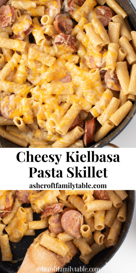 Cheesy kielbasa pasta in a skillet. Cheesy Kielbasa Pasta, Cheesy Kielbasa, Kielbasa Pasta, Fall Dinner Ideas, Pasta Skillet, Smoked Sausage Recipes, Kielbasa Recipes, Easy Cheap Dinners, Easy Skillet Meals