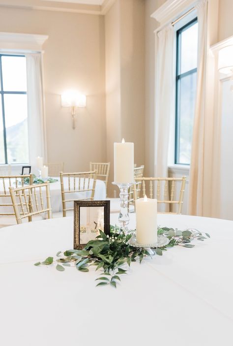 Lds Chapel Wedding Receptions, Lds Wedding Reception, Centerpiece Eucalyptus, Wedding Decor Greenery, Greenery And White Wedding, Lds Weddings Reception, Wedding Centerpeices, Classic Spring Wedding, Payson Temple