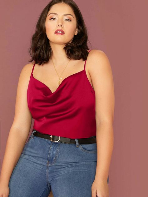 Plus Cowl Neck Satin Cami Top | SHEIN USA Cami Top Outfit, Satin Cami Top, Satin Cami, Plus Size Tank Tops, Plus Size Top, Plus Size Blouses, Cami Top, Curvy Fashion, Cami Tops