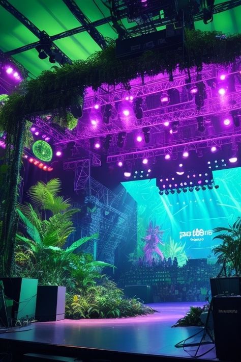 Dj Stage Design, Futuristic Event, Nightclub Ideas, Miami Night Club, Picnic Gathering, Tropical Dance, Miami Vice Theme, Jungle Wedding, Neon Summer