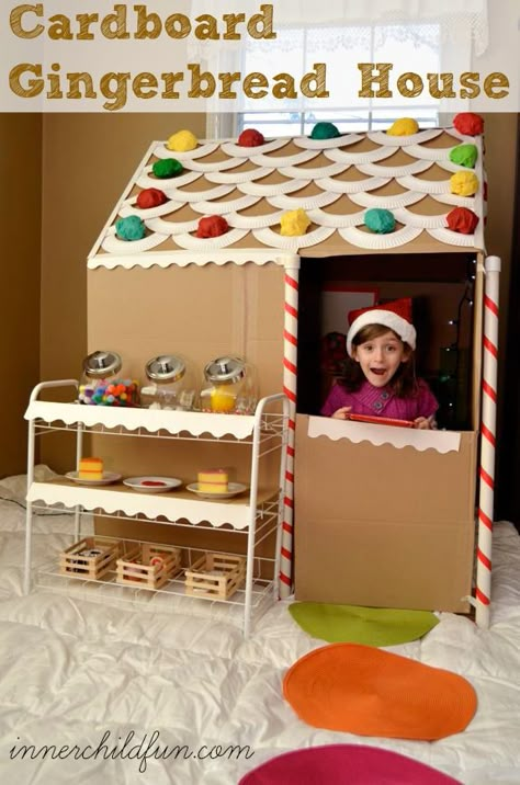 Life Sized Cardboard Gingerbread House DIY -- Great for inspiring plenty of imaginative play time fun this Winter! Kids can bake pretend cookies, serve up pretend hot cocoa, or maybe set up a pretend sweet shop. Lots of possibilities! Cardboard Box Gingerbread House, Gingerbread Playhouse, Cardboard Gingerbread, Cardboard Gingerbread House, Foam Stickers, Outdoor Garland, Gingerbread Diy, Preschool Christmas, Noel Christmas