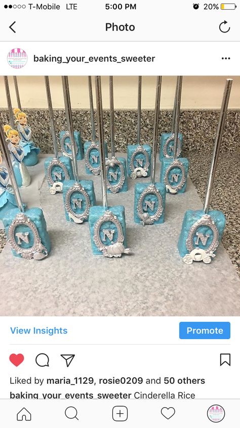 Cinderella Rice Krispies treats #Disneyprincess Cinderella Treats Ideas, Cinderella Rice Krispie Treats, Cinderella Treats Dessert Tables, Cinderella Desserts, Cinderella Treats, Cinderella Dessert Table, Cinderella Party Food, Sweet 16 Cinderella Theme, Rice Crispy Pops