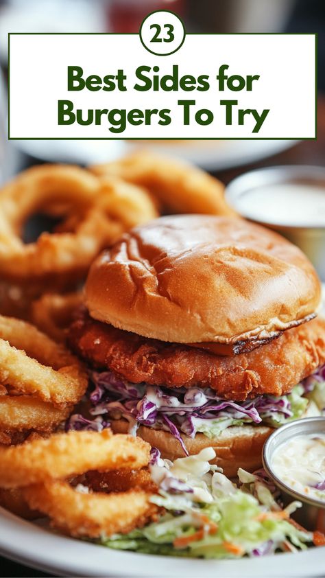 Crispy fries, onion rings, fresh salads, and creamy coleslaw served as delicious sides next to a burger on a plate. Sides Dishes For Burgers, Best Sides For Burgers, Sides For Burgers, Burger Sides, Burger Side Dishes, Best Sides, Ultimate Burger, Delicious Sides, Crispy Fries