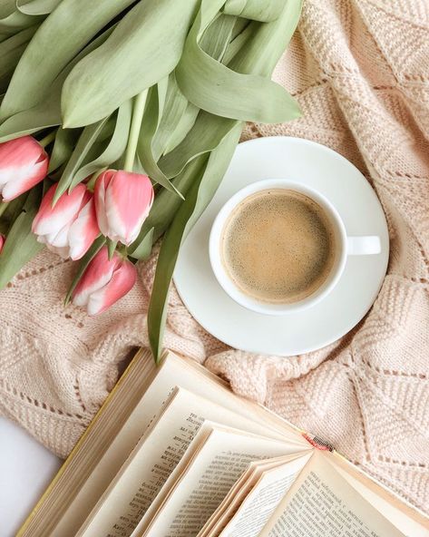 #spring #coffee #tulips #flowers #book #flatlay Spring Flatlay, Coffee Flatlay, Book Flatlay, Breakfast Photography, Flatlay Photography, Spring Coffee, Bookstagram Inspiration, Coffee Flower, Book Flowers