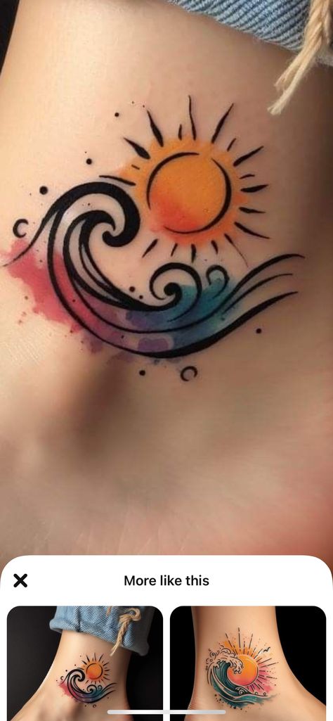 Colorful Wave Tattoo, Sunflower Wave Tattoo, Sun Color Tattoo, Rock Painting Sun, Wave Tattoos For Women, Sunset Tattoos For Women, Sun Tattoo Color, Sun Tattoos For Women, Sunshine Tattoo Ideas