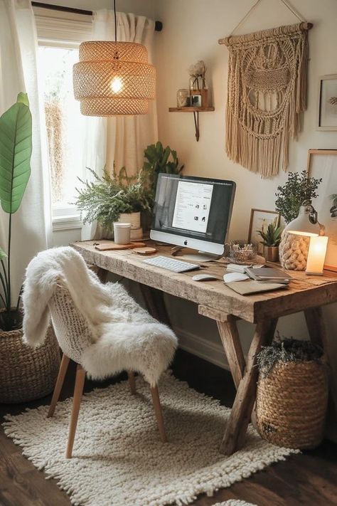 "Bring the comfort of Hygge into your home office! 🛋️🔥 Perfect for creating a space that’s both functional and full of warmth. 🌟✨ #HyggeHome #CozyOffice #HomeInspiration" Hygge Office At Home, Boho Therapy Office, Danish Interior Design Hygge, Earthy Office Decor, Sw Natural Linen, Hygge Home Office, Boho Home Office Ideas, Boho Office Space Workspaces, Hygge Home Inspiration