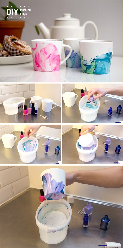 Diy Marble Crafts, Marbles Crafts, Marbling Techniques, Nail Polish Crafts, Crafty Decor, Water Marbling, Diy Marble, Diy Nail Polish, Diy Mugs