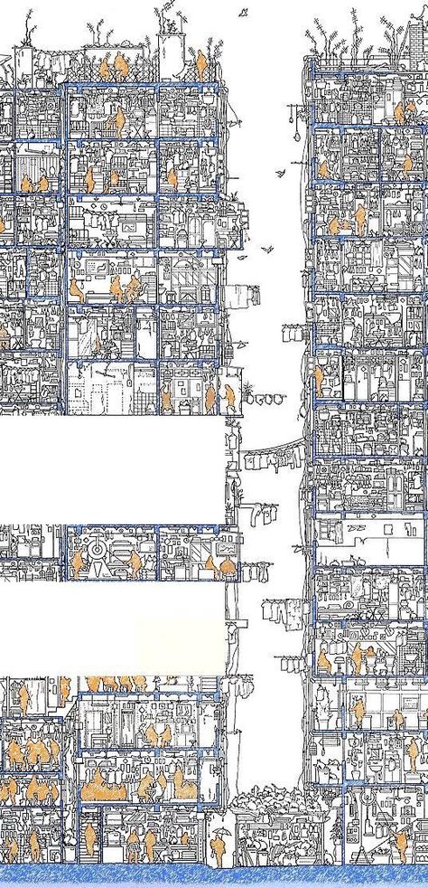 This image is a building designed in the south of China for the slums or the poor people. It is a example that can give us some inspirational when we deal with the slums problem. Except the outside environment, inside building space also need to be designed in order.Like this section, when we design, the high building can be divided by partition regularly, which gives enough personal space to people, also saves the space and is well- organized  as the same time. Besides, green area is also need. Schematics Design, Croquis Architecture, Kowloon Walled City, Walled City, Architectural Drawing, Model Drawing, Diagram Architecture, Modern City, Architecture Presentation