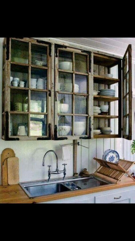 I want to use old windows as cabinet doors, some with backings so you can't see into the cupboard. Old Wood Windows, Dapur Rustic, Shabby Chic Cabinet, Cocina Shabby Chic, Rustic Kitchen Cabinets, Kitchen Cabinets Makeover, Cabinet Makeover, Old Windows, Wood Windows