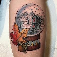 Winter Boston, Fall Tattoos, Fall Tattoo, Snow Tattoo, Boston Tattoo, Globe Tattoos, Pumpkin Tattoo, Autumn Tattoo, Neotraditional Tattoo