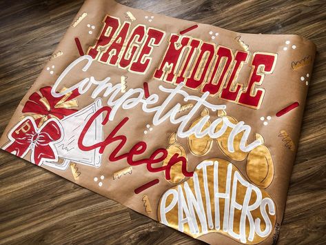 The cutest banner for a cheer team 🫶🏼✨🎀 #cheer #banner #banners #handpainted #eventbanner Cheer Competition Fan Signs, Cheer Banner Ideas, Senior Cheer Banners, Cheer Banners, Cheerleader Birthday, Team Cheer, College Cheer, Cheer Camp, Cheer Party