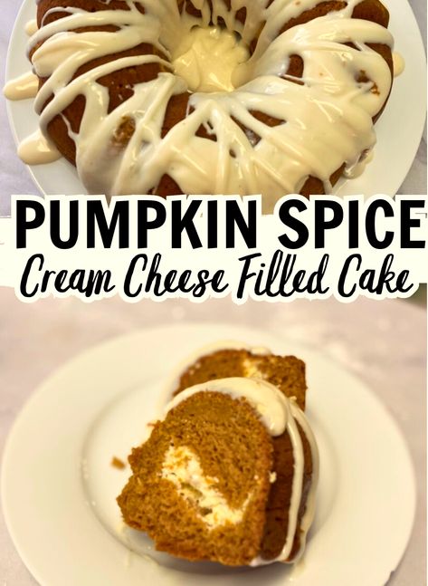 Pumpkin Spice Cake Cream Cheese Filling Spice Cake Mix Recipes, Pumpkin Spice Bundt Cake, Spice Bundt Cake, Desserts Birthday, Cake With Cream Cheese Filling, Cream Cheese Bundt Cake, Spice Cake Mix And Pumpkin, Pumpkin Spice Cream, Fall Cake