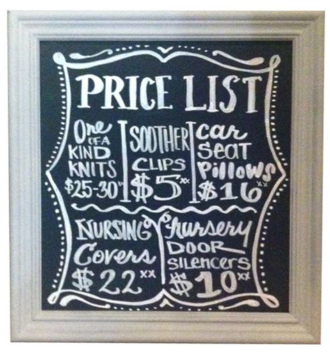 Price List for a client's craft show - Hand Lettered by Samantha Vincent - www.iheartart.ca Price Sign For Craft Show, Chalk Price Board, Diy Price List Board, Chalkboard Price List, Craft Fair Price Signs, Price Signs Display Ideas, Flea Market Display Ideas, Price Board, Chalkboard Crafts