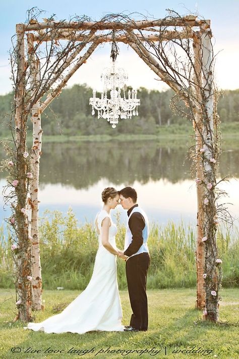 Arbor with chandelier! My amazing wedding! Photograph taken by Trisha of Live Love Laugh Photography! Arbor made by Jessie Congdon of Love-Extravagantly Weddings, Florals and Events! Wedding Arch With Chandelier, Arch With Chandelier, Birch Wedding Arch, Wedding Pergola, Rustic Wedding Alter, Birch Wedding, Diy Wedding Arch, Wedding Arbors, Wedding Alters