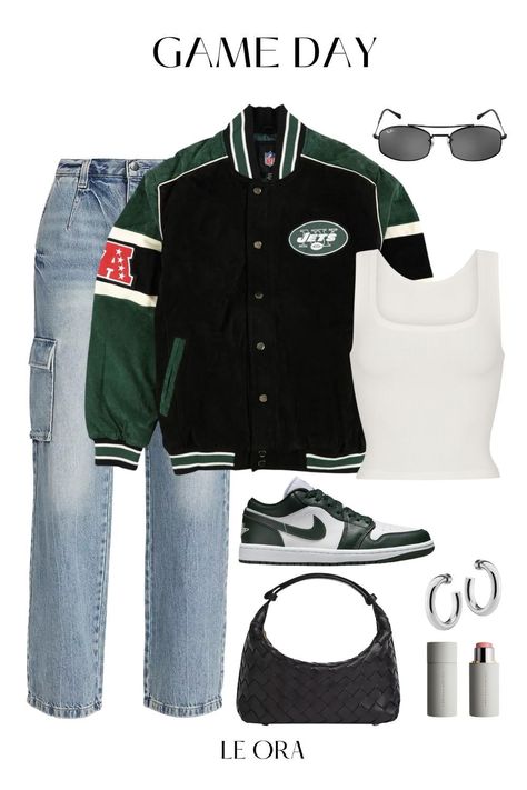 Jets Game Outfit Women, Nba Game Outfit Woman Winter, Celtics Outfit, Cold Game Day Outfit, Varsity Jacket Outfit Women, Nfl Game Day Outfit Woman, Sports Jacket Outfit, Ut Game, Puffer Outfit