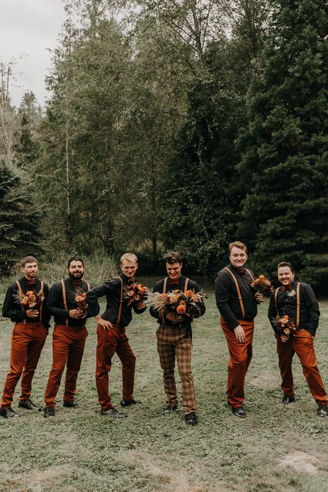 Black And Rust Wedding Dress, Hozier Themed Wedding, Fall Renewal Wedding Ideas, Groomsmen Attire Rustic Fall, Enchanted Forest Wedding Groom Attire, Groom Forest Wedding, Forest Theme Wedding Groomsmen, Burnt Orange Wedding Party Attire, Orange Groomsmen