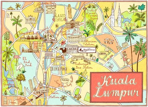 Mariko Jesse - Kuala Lumpur map Kuala Lumpur Map, Malaysia Tourism, Travel Book Design, Travel Malaysia, Travel Art Journal, Tourist Map, Doodle Icon, City Illustration, Found Art