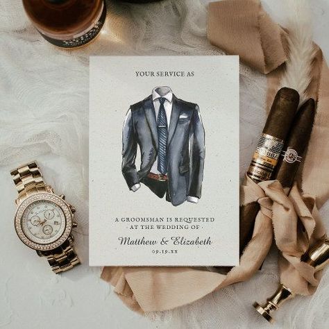 Modern Watercolor Suit Groomsman Proposal Request Invitation groomsmen gift ideas | find unique groomsmen gifts from the groom, family and friends. The gifts range from non alcoholic groomsmen gifts, be my groomsman gift ideas, diy groomsmen gift ideas and wedding day groomsmen gift ideas. All of these groomsmen gifts are cheap and inexpensive to help you cut the budget on your wedding day. #groomsmengiftideas #groomsmen #wedding #weddinggifts Suit Illustration, Suit Groomsmen, Groomsman Card, Groomsman Proposal, Wedding Announcement Cards, Best Man Wedding, Man Wedding, Be My Groomsman, Groomsmen Proposal