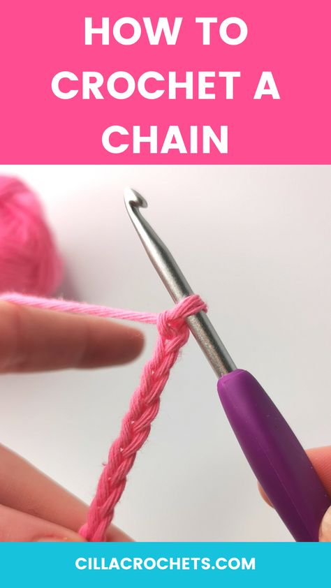 How To Crochet A Chain For Beginners, Start Crochet Chain, Starting A Crochet Chain, How To Start A Crochet Chain, Single Crochet Foundation Chain, Slip Knot Crochet, How To Start Crochet, Crochet Chain Stitch, Crochet Stitches Free