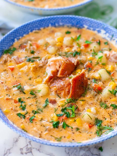 Creamy Smoked Salmon Chowder with Bacon & Corn (video) - Tatyanas Everyday Food Smoked Salmon Soup, Salmon Corn Chowder Recipe, Creamy Salmon Chowder, Smoked Soup Recipes, Blackened Salmon Chowder, Smoked Salmon Soup Recipes, Smoked Salmon Chowder Recipe, Smoked Salmon Recipes Dinners, Salmon And Corn Chowder