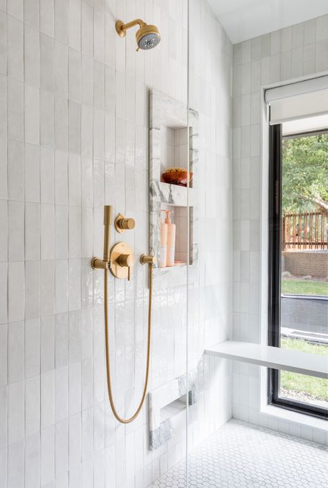 Mid Century Coastal Bathroom, Mid Modern Bathroom Ideas, Mid Century Modern Shower Tile, Mid Century Modern Tile Bathroom, Mid Century Modern Master Bath, Primary Bathroom Tile, Mid Century Modern Bathroom Tile, Small Mid Century Bathroom, 2024 Bathroom Trends