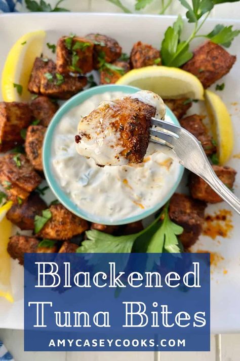 Blackened Tuna Bites, Tuna Bites Recipe, Pickle Sauce, Fresh Tuna Recipes, Blackened Tuna, Tuna Bites, Tuna Appetizer, Ahi Tuna Recipe, Tuna Steak Recipes