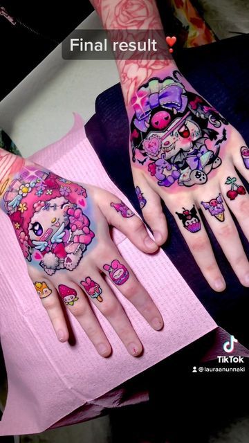 Kawaii Hand Tattoo, Kawaii Tattoo Ideas, Sanrio Tattoos, Laura Anunnaki, Care Bear Tattoos, Colorful Tattoos, Tattoo Process, Finger Tattoo For Women, Knuckle Tattoos