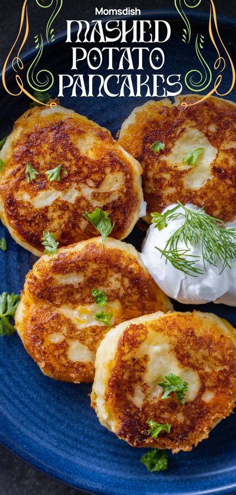 Mashed potato pancakes are pancakes made from leftover mashed potatoes. Enjoy these delicious and savory pancakes for breakfast or any time of the day. Potato Pancakes From Leftover Mashed Potatoes, Potato And Cheese Pancakes, Mashed Potatoes And Eggs, Potato Pancakes With Cheese, Eggs And Mashed Potatoes, How To Make Potato Pancakes From Mashed Potatoes, Potato Pancakes From Mashed Potatoes Easy, Recipe Using Mashed Potatoes, Potato Pancakes From Mashed Potatoes Air Fryer