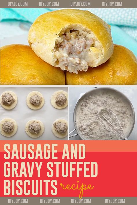 Jumbo Biscuit Ideas, Stuffed Biscuits And Gravy, Sausage And Gravy Stuffed Biscuits, Stuffed Biscuits Dinner, Sausage Gravy Stuffed Biscuits, Gravy Stuffed Biscuits, Brunch Sausage, Peanut Butter And Banana Sandwich, Company Breakfast