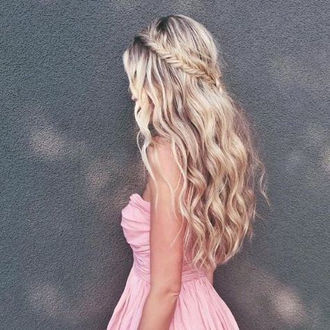 @carajourdan is the ultimate Girl Next Door in a pink sweetheart dress  and a twisted half up crown braid . She finishes off with loose beach waves to add a flirty touch to her sweet look . #hairoftheday #NuMeStyle #braid Dirndl Hairstyles, Fishtail Braid, Braided Hairstyles For Wedding, Long Blonde, Formal Hairstyles, Long Blonde Hair, Fish Tail Braid, Wedding Hair And Makeup, Homecoming Hairstyles