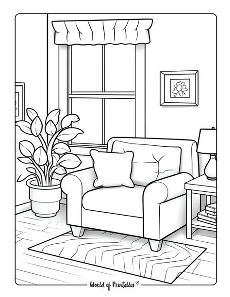 Room Coloring Pages, Easy Coloring Pages For Kids, Relaxing Corner, Relaxing Coloring Pages, Drawing Colouring, Coloring Contest, House Colouring Pages, Interior Design Sketches, Easy Coloring