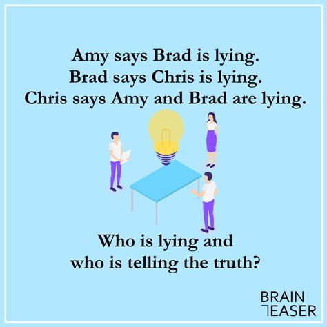 Amy says Brad is lying. Brad says Chris is lying. Chris says Amy and Brad are lying. Who is lying and who is telling the truth? Early Numeracy, Logic Problems, Logic Puzzle, Math Puzzles, Telling The Truth, Children Activities, Math Challenge, Escape Rooms, Logic Puzzles